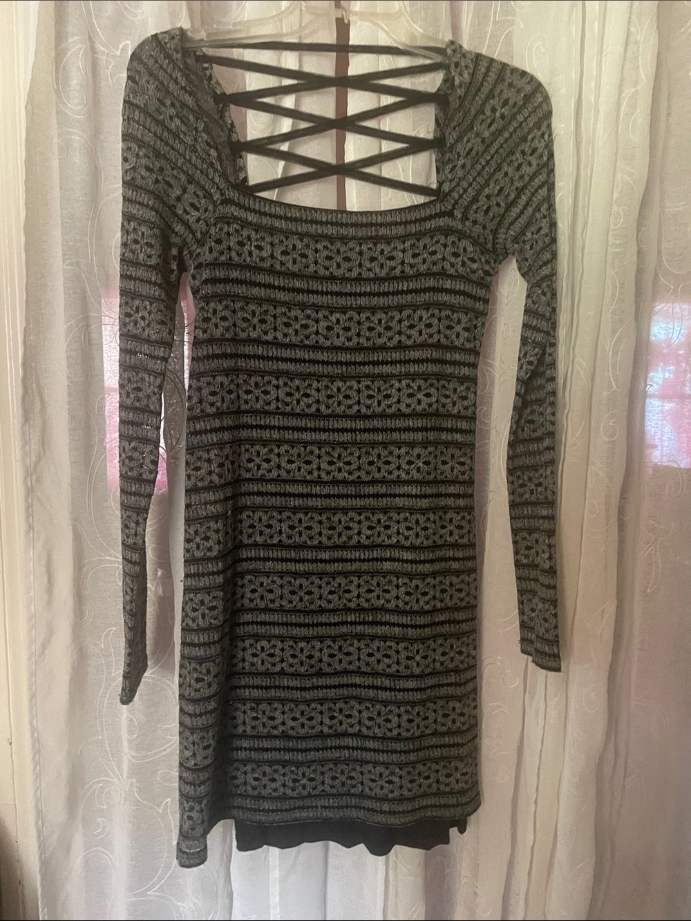 Free People Black and Gray Long-Sleeve Knit Dress with Strappy Back